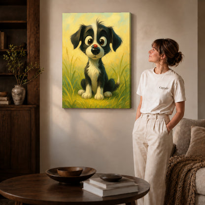 Puppy meadow canvas art on gallery wrapped canvas with a visible shaded side edge beside a woman.
