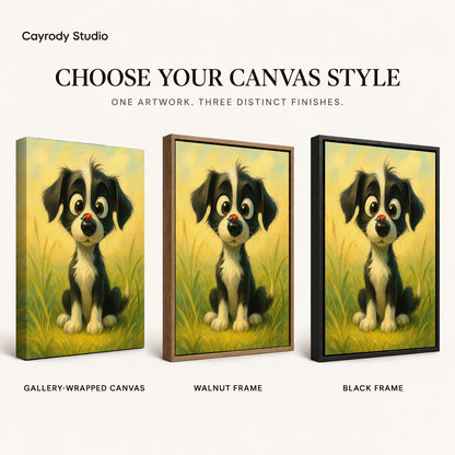 Puppy meadow canvas art comparing gallery wrapped canvas, walnut frame, and black frame finishes side by side.