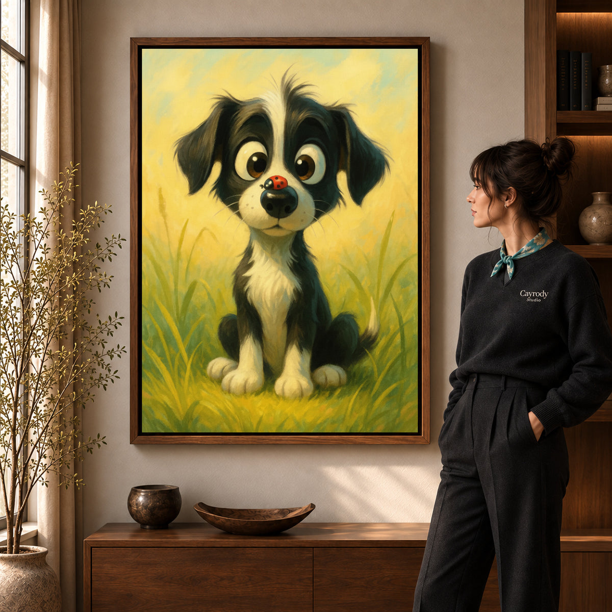Puppy meadow canvas art displayed in a walnut frame against a warm wall near a wooden console.