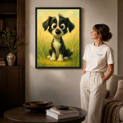 Puppy meadow canvas art displayed in a black frame beside a woman, with soft room lighting.