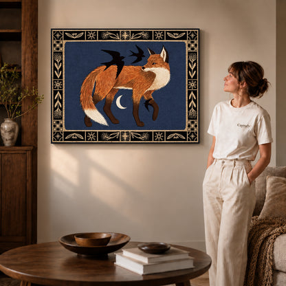 Fox and birds canvas art on gallery wrapped canvas with a visible shaded side edge beside a woman.