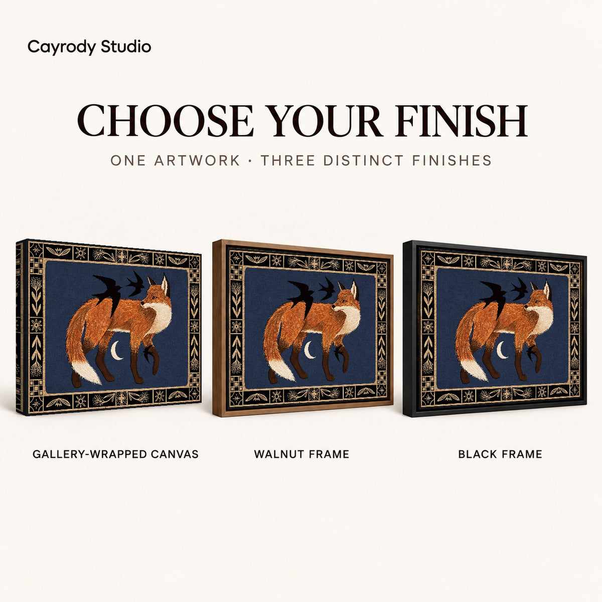 Fox and birds canvas art comparing gallery wrapped canvas, walnut frame, and black frame finishes side by side.