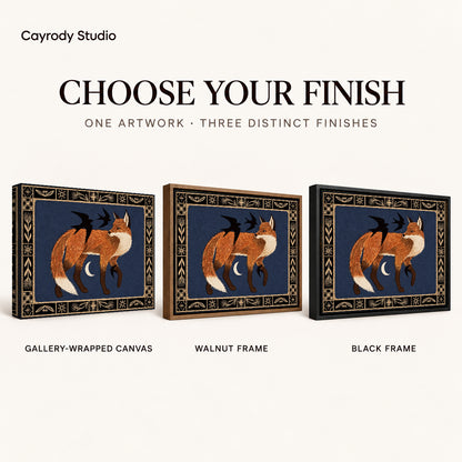 Fox and birds canvas art comparing gallery wrapped canvas, walnut frame, and black frame finishes side by side.