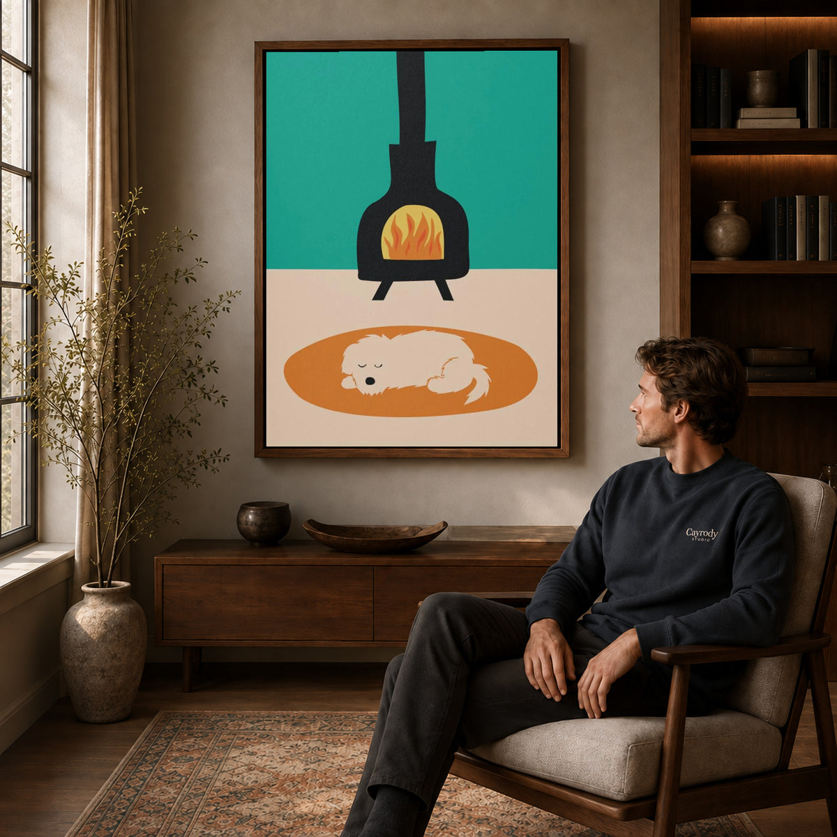 Fireplace dog canvas art above a wooden console near a seated man and leafy branches.