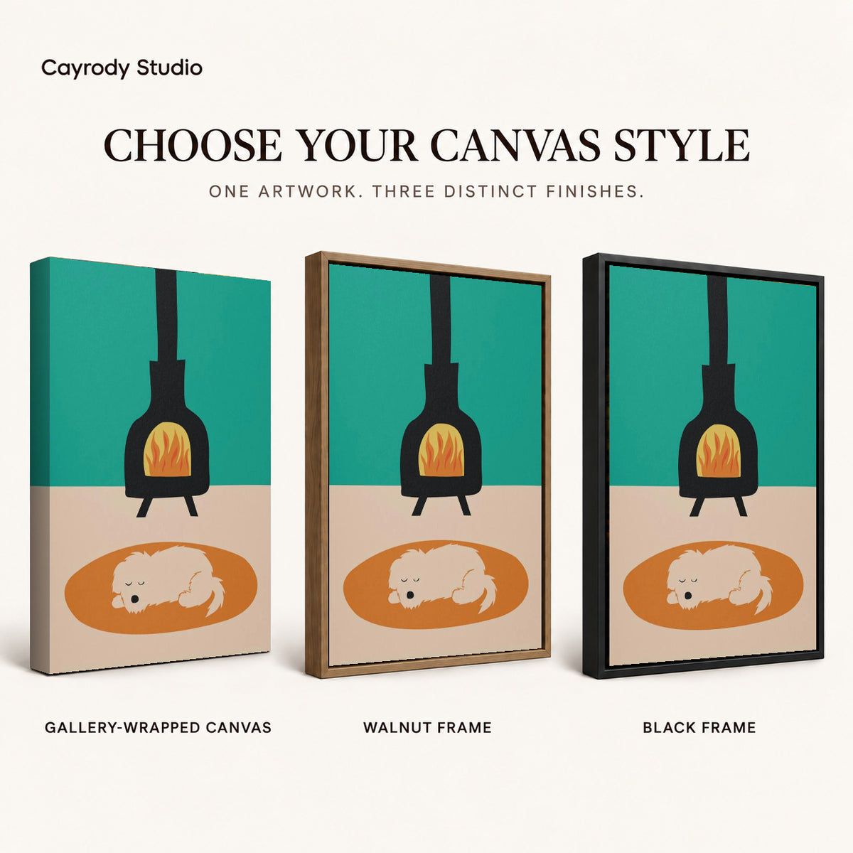 Fireplace dog canvas art comparing gallery wrapped canvas, walnut frame, and black frame finishes side by side.