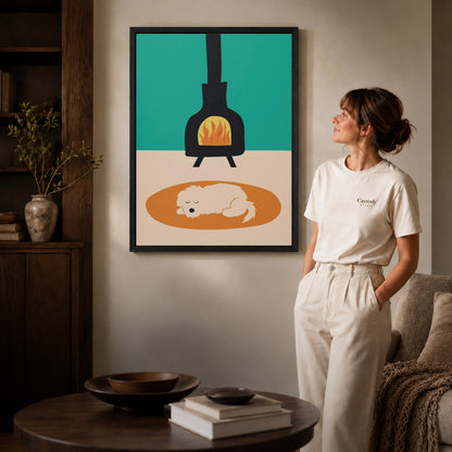 Fireplace dog canvas art displayed in a black frame beside a woman, with soft room lighting.