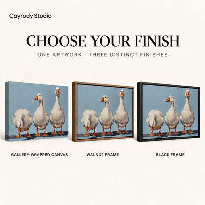 Three geese canvas art comparing gallery wrapped canvas, walnut frame, and black frame finishes side by side.