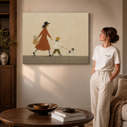 Family walk canvas art on gallery wrapped canvas with a visible shaded side edge beside a woman.