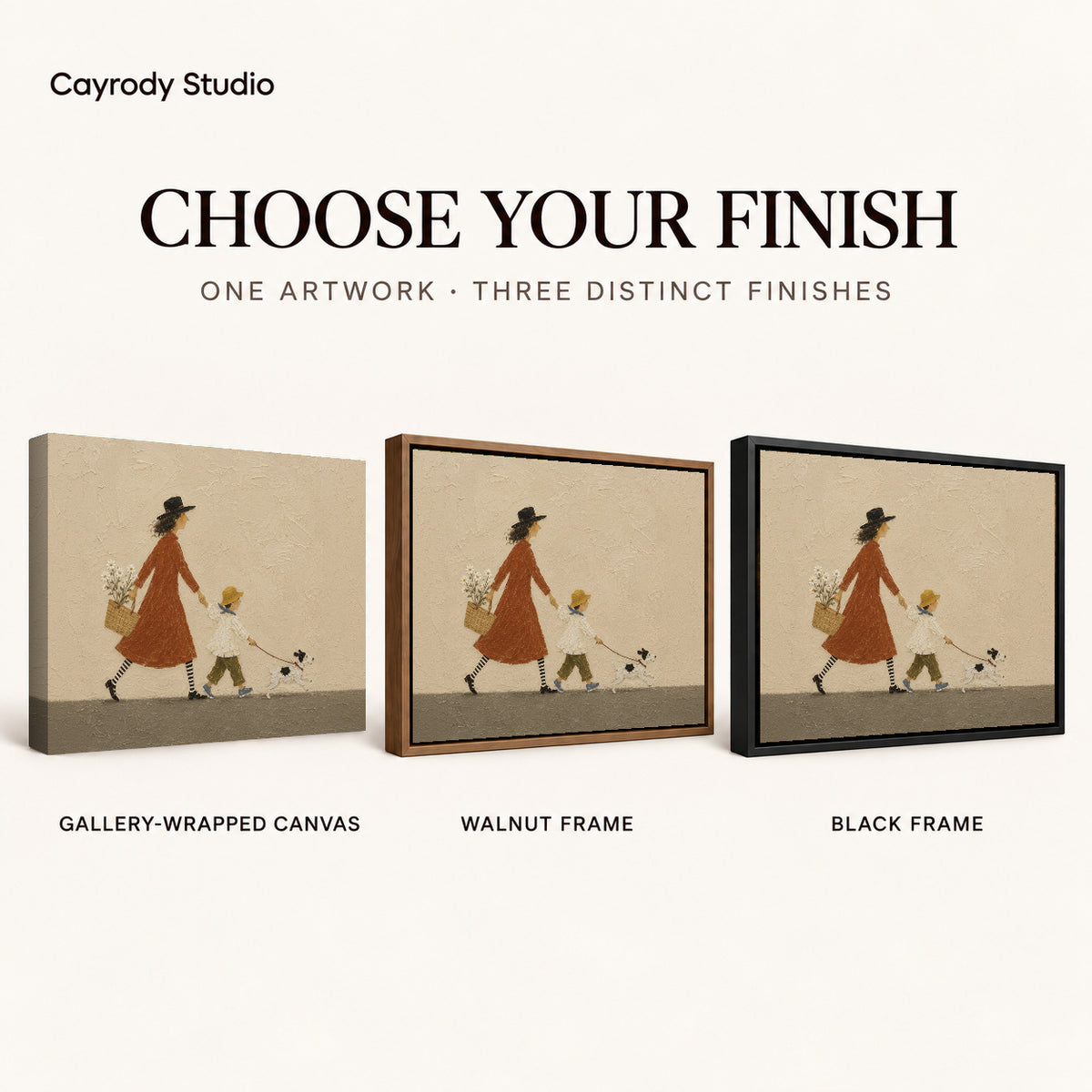 Family walk canvas art comparing gallery wrapped canvas, walnut frame, and black frame finishes side by side.