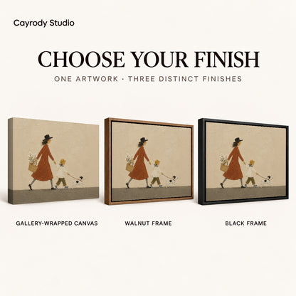 Family walk canvas art comparing gallery wrapped canvas, walnut frame, and black frame finishes side by side.