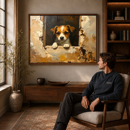 Window puppy canvas art above a wooden console near a seated man and leafy branches.
