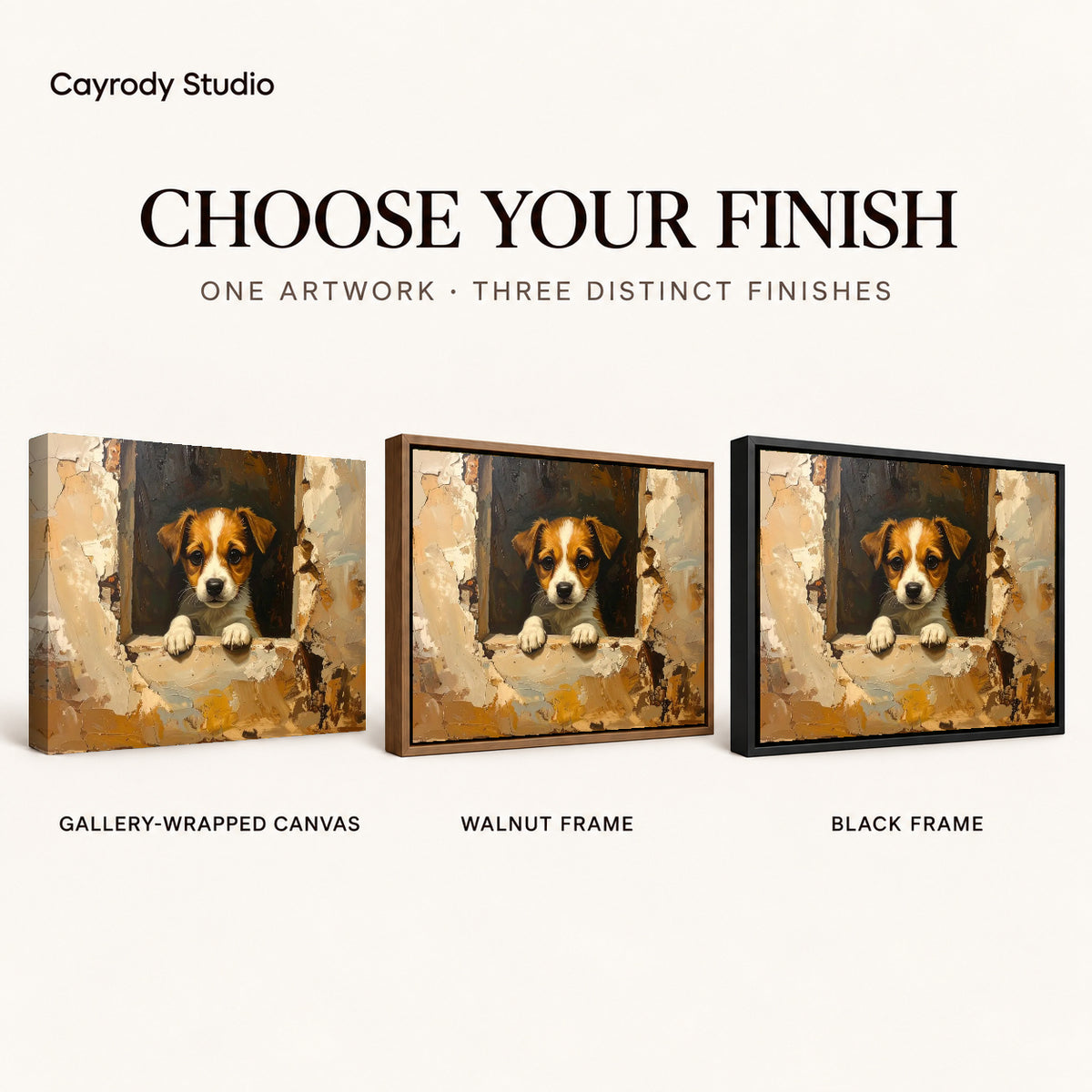 Window puppy canvas art comparing gallery wrapped canvas, walnut frame, and black frame finishes side by side.