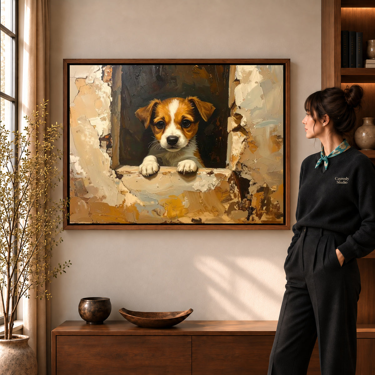 Window puppy canvas art displayed in a walnut frame against a warm wall near a wooden console.
