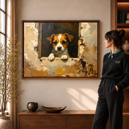 Window puppy canvas art displayed in a walnut frame against a warm wall near a wooden console.