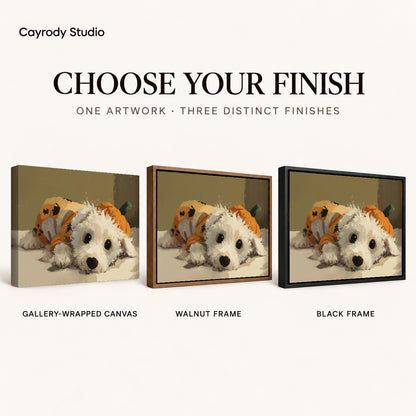 Pumpkin puppy canvas art comparing gallery wrapped canvas, walnut frame, and black frame finishes side by side.