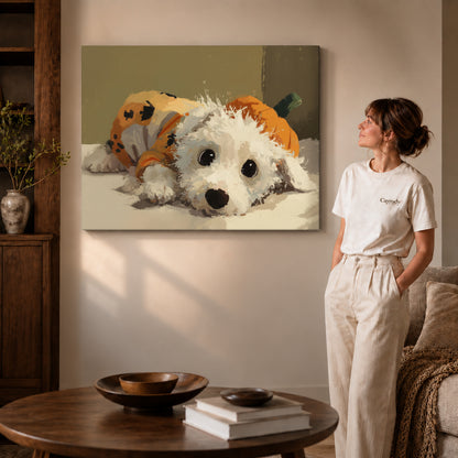 Pumpkin puppy canvas art on unframed wrapped canvas, showing natural edge depth against the living room wall.