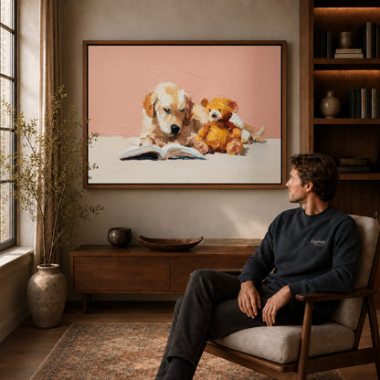 Puppy reading canvas art above a wooden console near a seated man and leafy branches.
