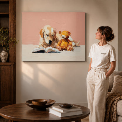 Puppy reading canvas art on gallery wrapped canvas with a visible shaded side edge beside a woman.