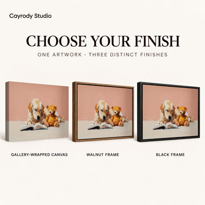 Puppy reading canvas art comparing gallery wrapped canvas, walnut frame, and black frame finishes side by side.