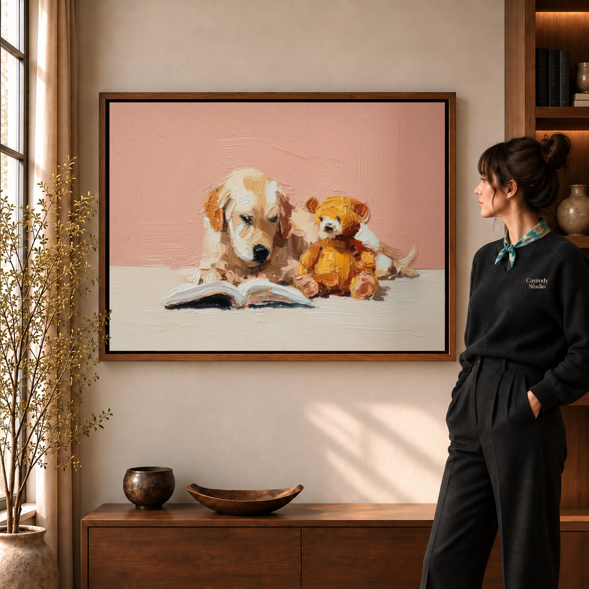 Puppy reading canvas art displayed in a walnut frame against a warm wall near a wooden console.