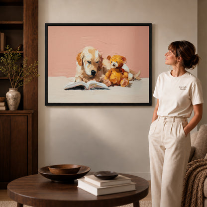Puppy reading canvas art displayed in a black frame beside a woman, with soft room lighting.