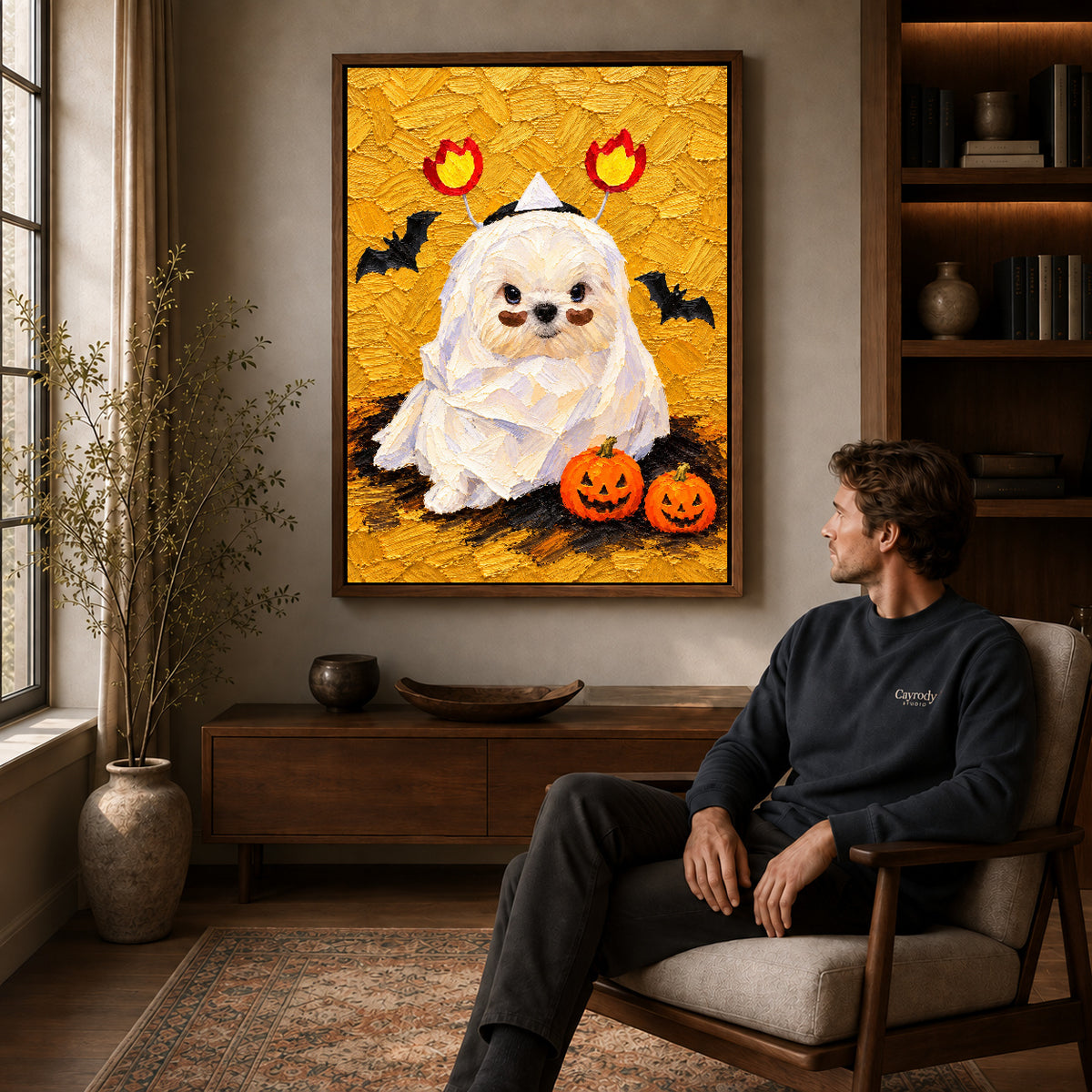 Mummy Puppy canvas art above a wooden console beside a seated man in a warm room.