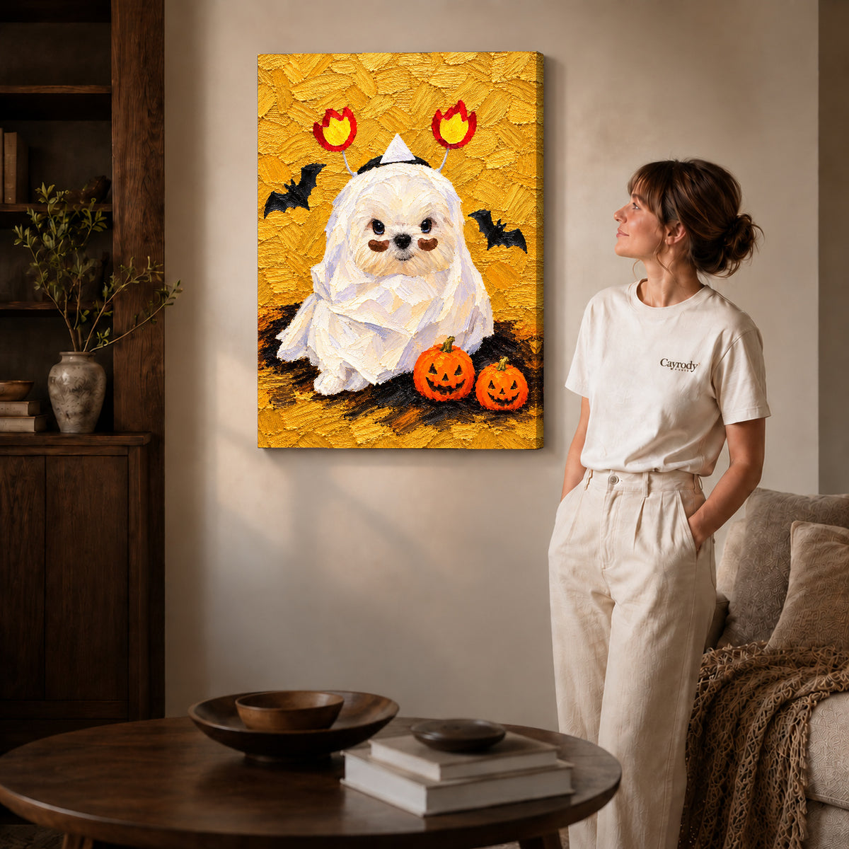 Mummy Puppy canvas art displayed as gallery wrapped canvas beside a woman in natural light.