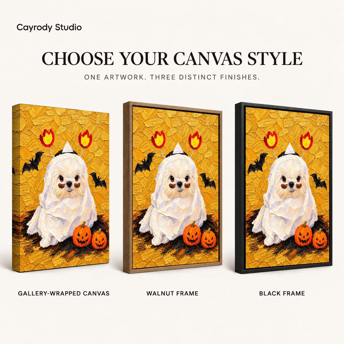 Mummy Puppy canvas art comparing gallery wrapped canvas, walnut frame, and black frame finishes.