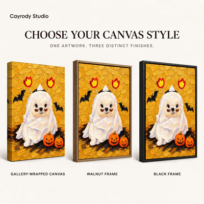 Mummy Puppy canvas art comparing gallery wrapped canvas, walnut frame, and black frame finishes.