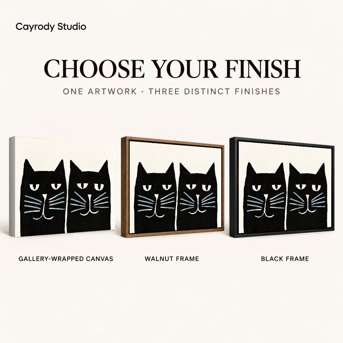 Black cat pair canvas art comparing gallery wrapped canvas, walnut frame, and black frame finishes side by side.