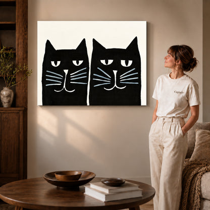 Black cat pair canvas art on unframed wrapped canvas, showing natural edge depth against the living room wall.