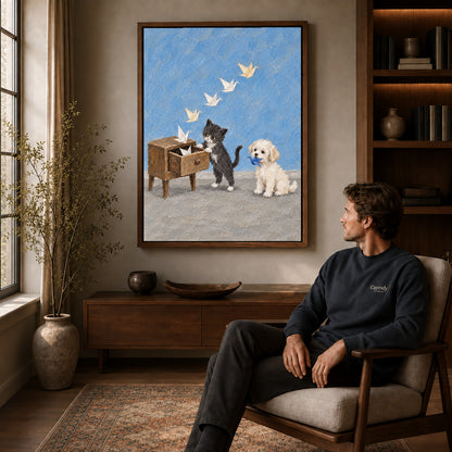 Paper Crane Pets canvas art above a wooden console beside a seated man in a warm room.