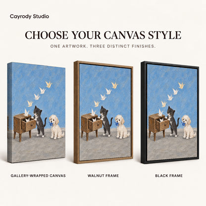 Paper Crane Pets canvas art comparing gallery wrapped canvas, walnut frame, and black frame finishes.