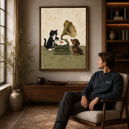 Musical Pets canvas art above a wooden console beside a seated man in a warm room.