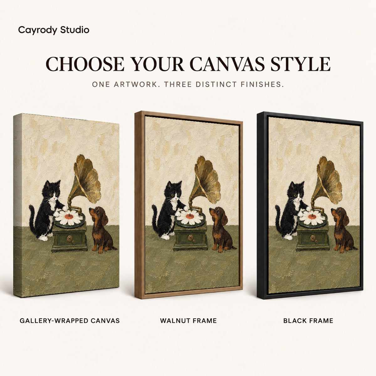 Musical Pets canvas art comparing gallery wrapped canvas, walnut frame, and black frame finishes.