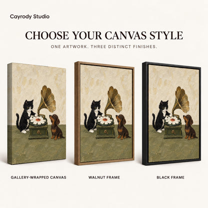 Musical Pets canvas art comparing gallery wrapped canvas, walnut frame, and black frame finishes.