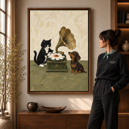Walnut framed musical pets canvas art shown beside a standing woman and a wooden console.