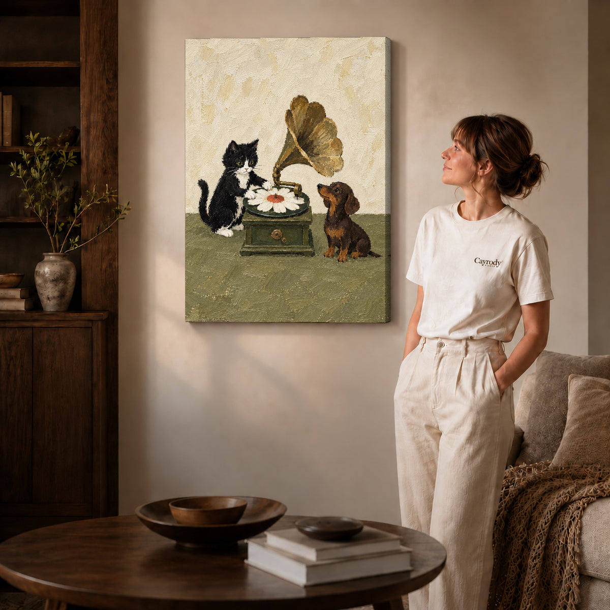 Gallery wrapped musical pets canvas art with visible canvas edges beside a standing woman.
