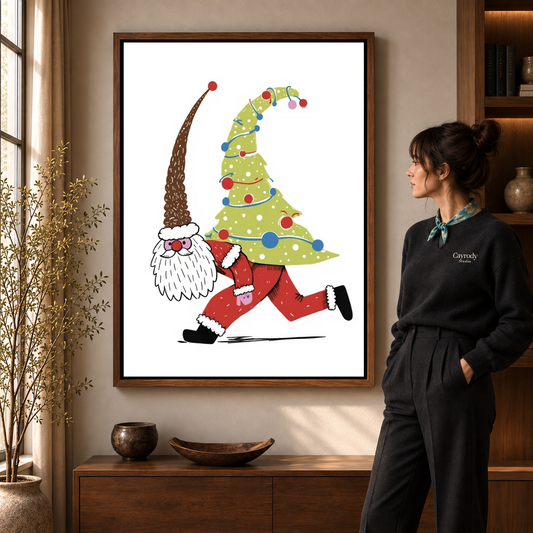 Christmas gnome canvas art in a walnut frame beside a woman in a warm living room.