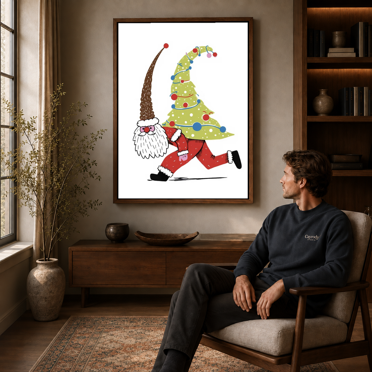 Christmas gnome canvas art above a wooden console with a seated man and leafy branches.
