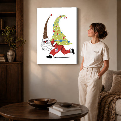 Christmas gnome canvas art on gallery wrapped canvas with a visible side edge beside a woman.