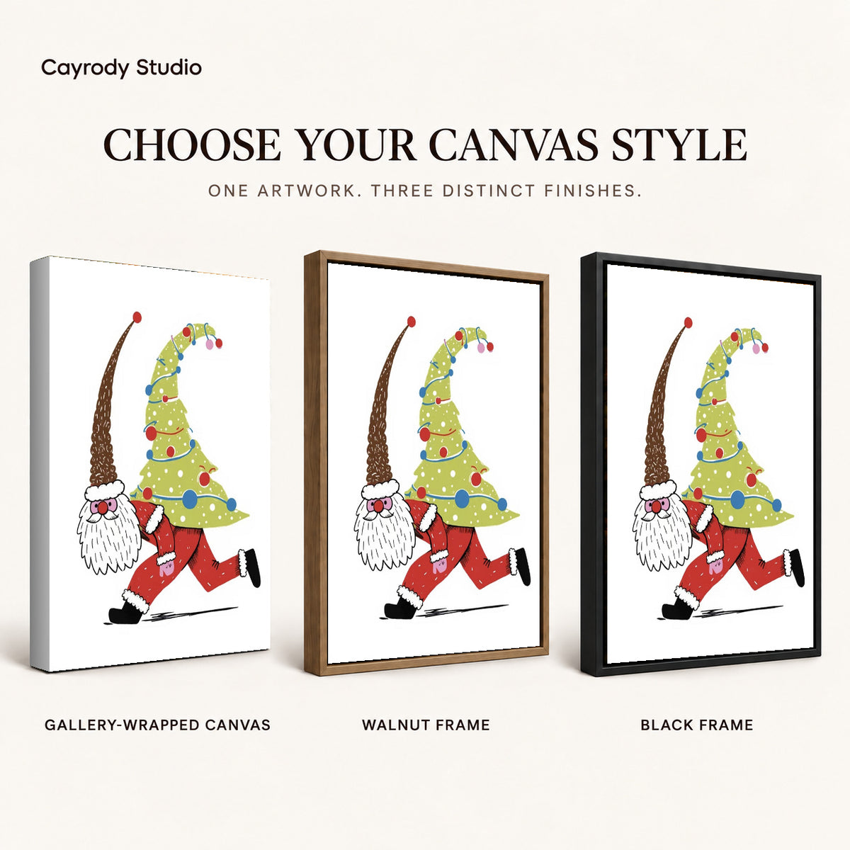 Christmas gnome canvas art compared across gallery wrapped canvas, walnut frame, and black frame finishes.
