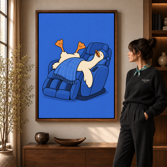 Relaxing duck canvas wall art in a walnut frame beside a woman in a warm living room.