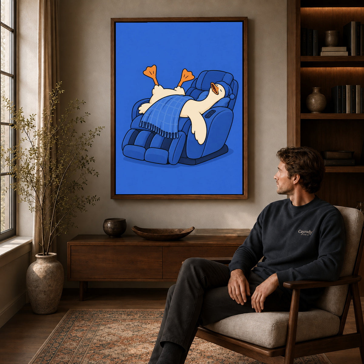 Relaxing duck canvas wall art above a wooden console near a seated man and soft window light.