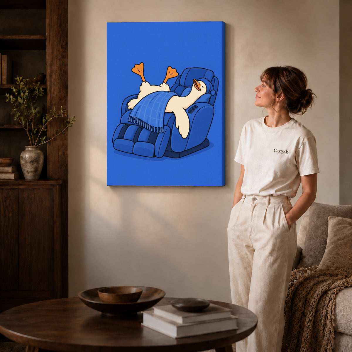 Relaxing duck canvas wall art on gallery wrapped canvas with a shaded side edge beside a woman.