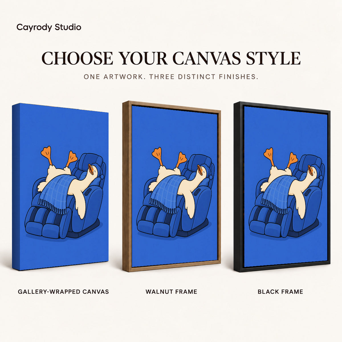 Relaxing duck canvas wall art showing gallery wrapped canvas, walnut frame, and black frame finish options.