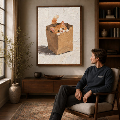 Paper bag kitten canvas art above a wooden console near a seated man and leafy branches.