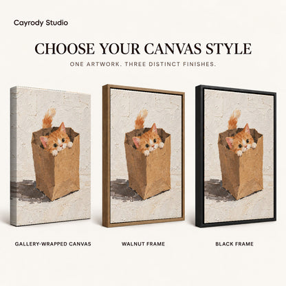 Paper bag kitten canvas art comparing gallery wrapped canvas, walnut frame, and black frame finishes side by side.