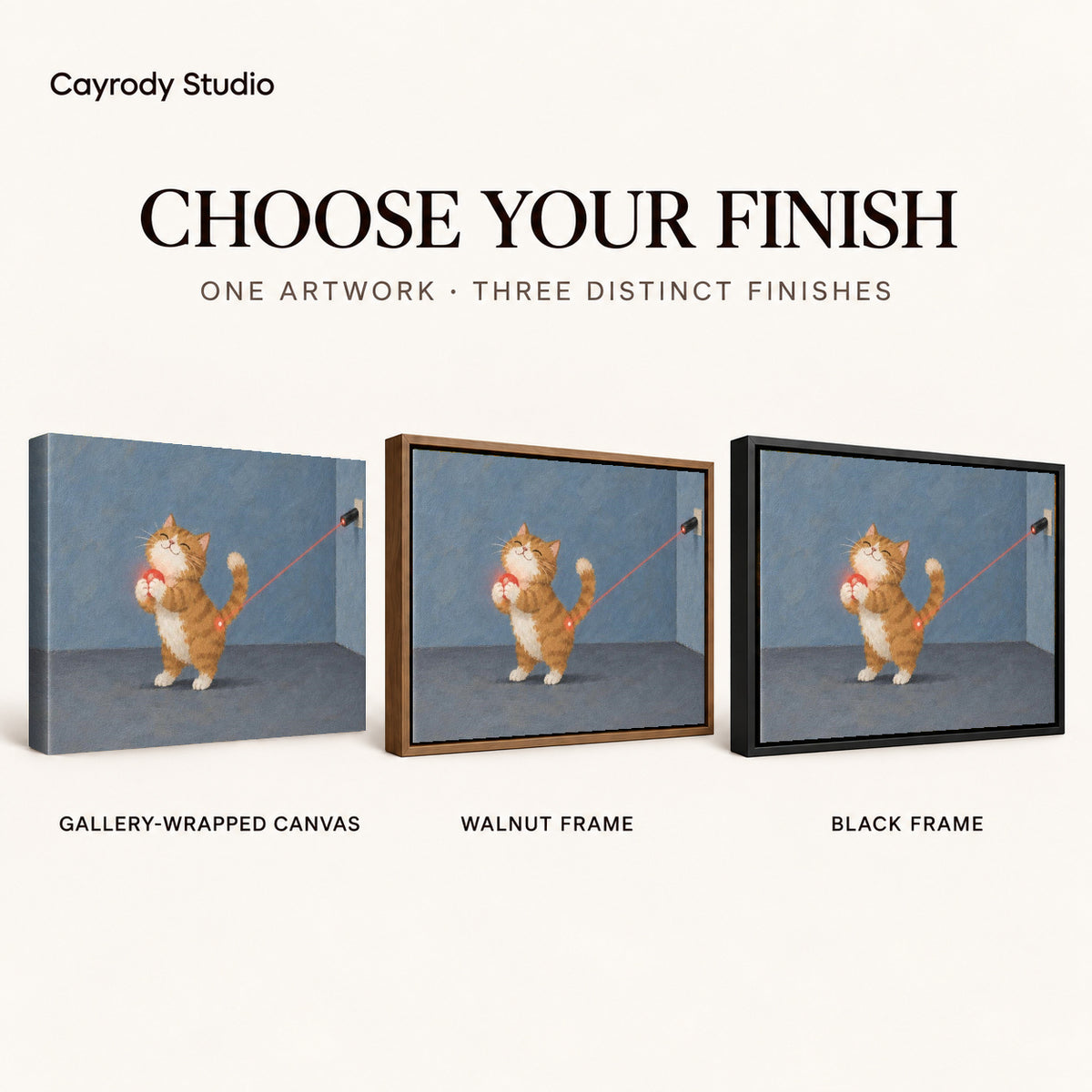 Ginger kitten canvas art comparing gallery wrapped canvas, walnut frame, and black frame finishes side by side.
