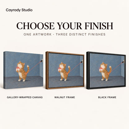Ginger kitten canvas art comparing gallery wrapped canvas, walnut frame, and black frame finishes side by side.